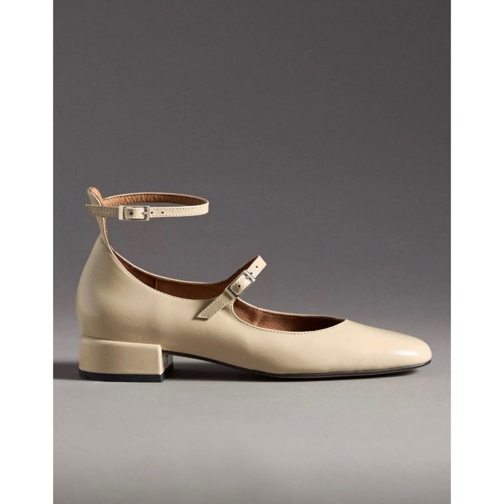 Maeve Double-Strap Block-Heel Mary Jane Flats Creme